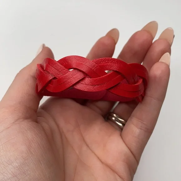 Red Genuine Leather Braided Western Cowgirl Cuff Adjustable Women’s Bracelet NEW - Picture 3 of 6